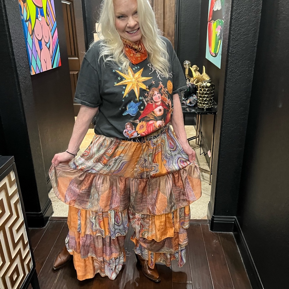 Boho Tiered Ruffle Wide Leg Pants  in Orange Swirl